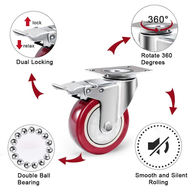 D&L 4 Inch Plate Swivel Castors Wheels 1800lbs Heavy Duty Castors with Brake Polyurethane Dual Locking Casters Set of 4 Red DL-I4-001 - Image 3